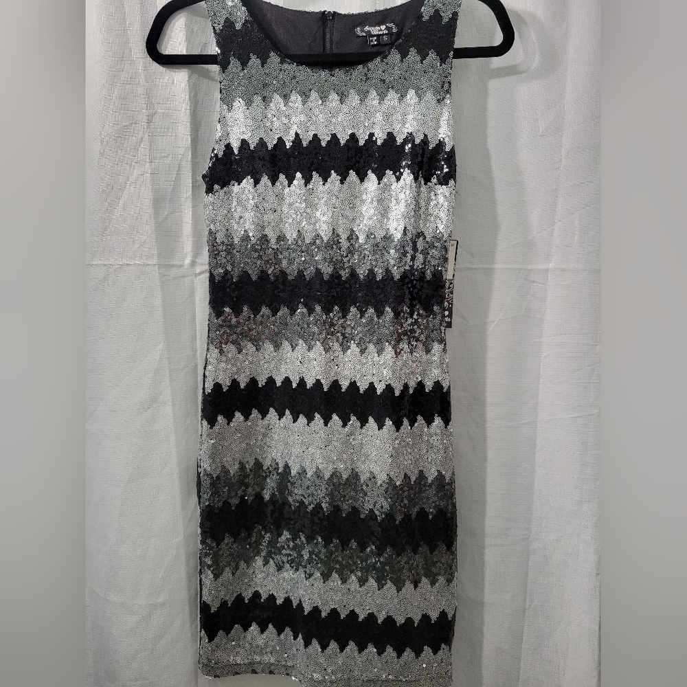 Sequin Hearts Black and Silver Zigzag Sequin Midi Dress Size S